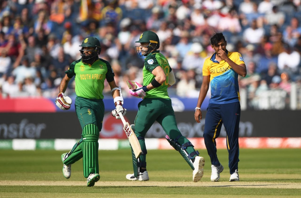 Hashim Amla and Faf du Plessis take a single, South Africa v Sri Lanka, World Cup 2019, Chester-le-Street, June 28, 2019