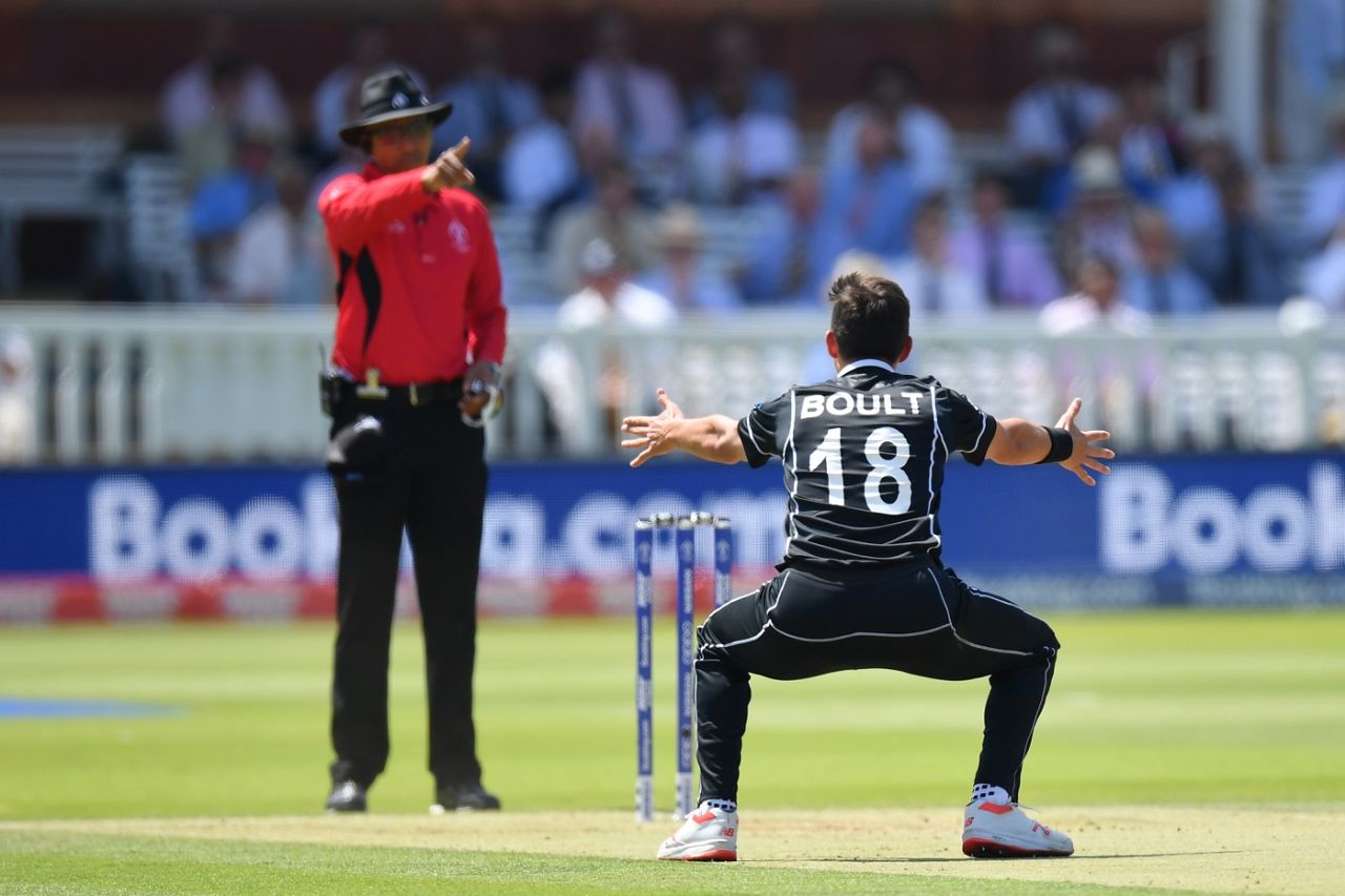 Trent Boult appeals successfully and gets Aaron Finch out lbw, Australia v New Zealand, World Cup 2019, Lords, June 29, 2019