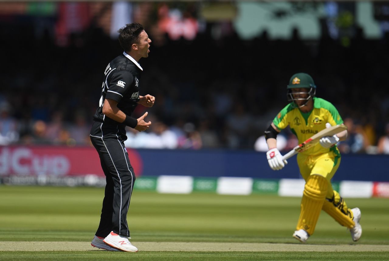 Trent Boult reacts after David Warner survives a chance, Australia v New Zealand, World Cup 2019, Lords, June 29, 2019
