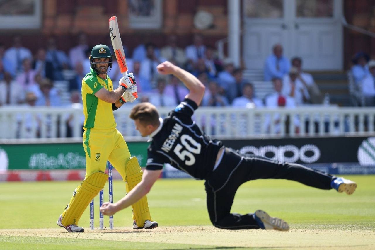 Jimmy Neesham takes a superb catch off his own bowling to dismiss Glenn Maxwell, Australia v New Zealand, World Cup 2019, Lords, June 29, 2019