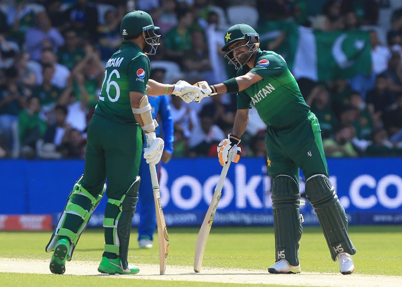 Imam-ul-Haq and Babar Azam touch gloves after a boundary, Afghanistan v Pakistan, World Cup 2019, Headingley, June 29, 2019