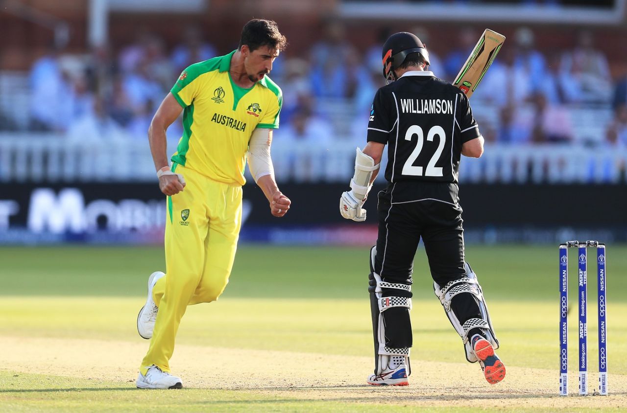 Mitchell Starc celebrates after dismissing Kane Williamson, Australia v New Zealand, World Cup 2019, Lords, June 29, 2019