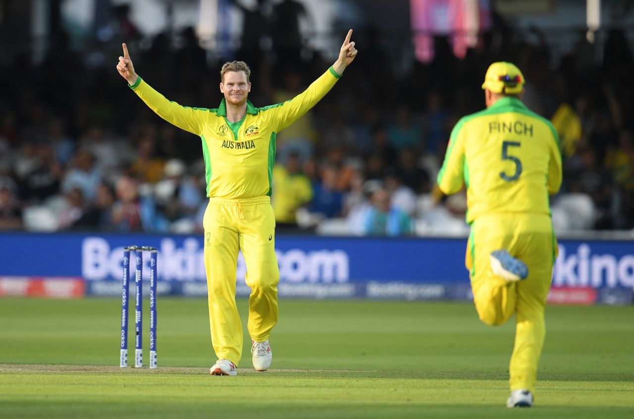 Steve Smith celebrates after taking the wicket of Colin de Grandhomme, Australia v New Zealand, World Cup 2019, Lords, June 29, 2019