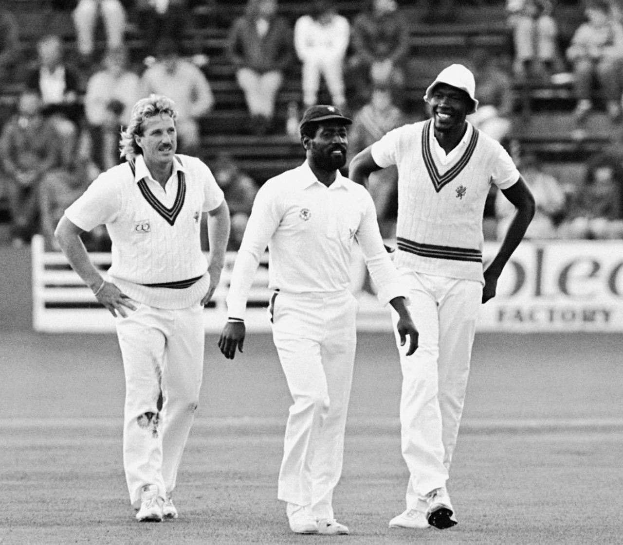 Ian Botham, Viv Richards and Joel Garner,on their last appearance together for Somerset, County cricket ground, Taunton, Somerset, 