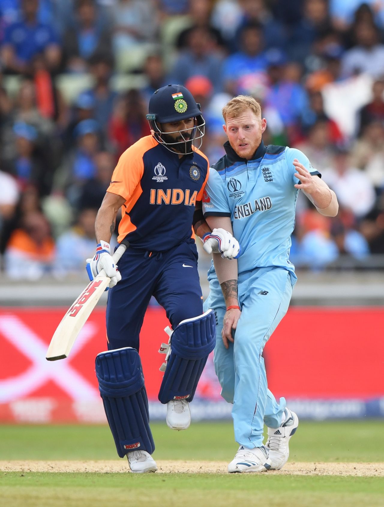 Virat Kohli and Ben Stokes bump into each other, England v India, World Cup 2019, Edgbaston, June 30, 2019