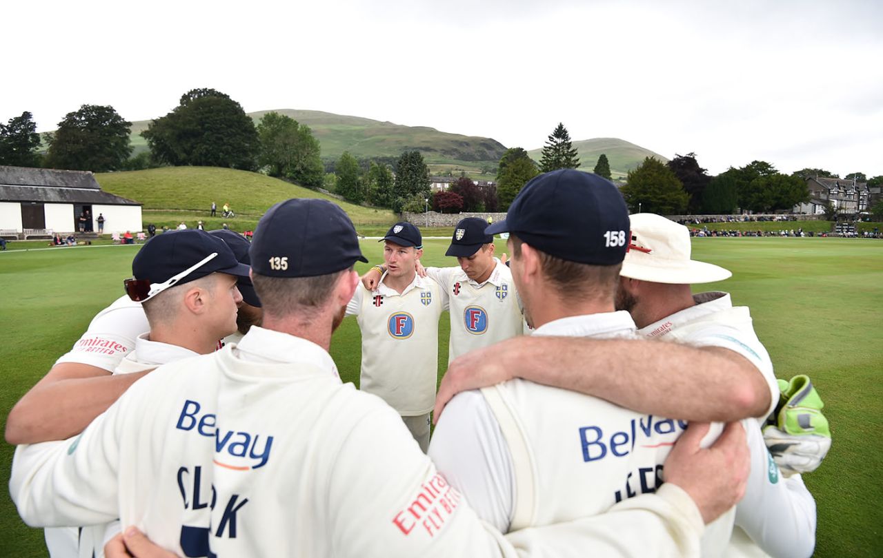 Cameron Bancroft leads a Durham team talk, Lancashire v Durham, County Championship: Division Two, Sedbergh, June 30, 2019