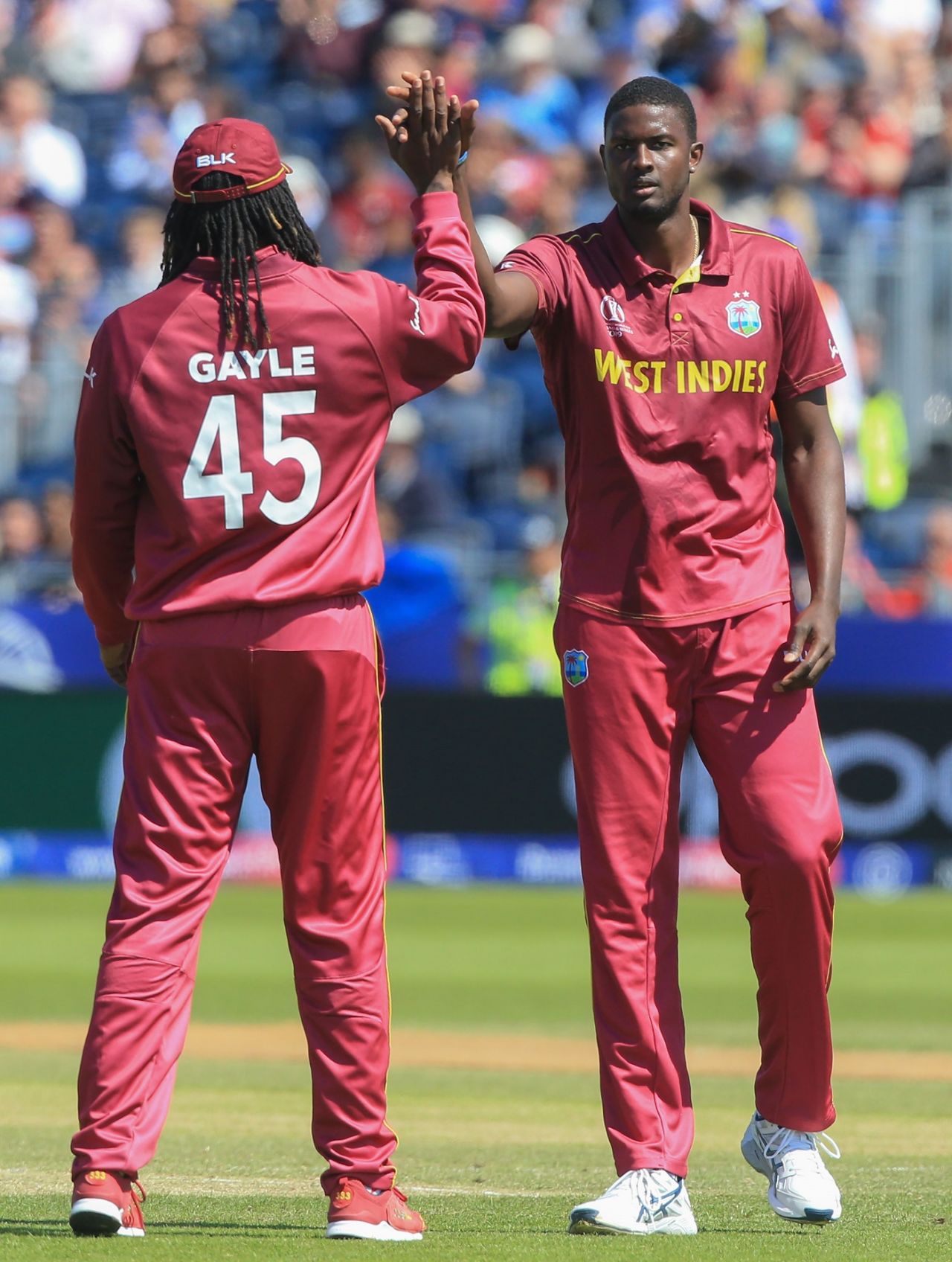 Jason Holder celebrates Dimuth Karunaratne's wicket with Chris Gayle, Sri Lanka v West Indies, World Cup 2019, Chester-le-Street, July 1, 2019