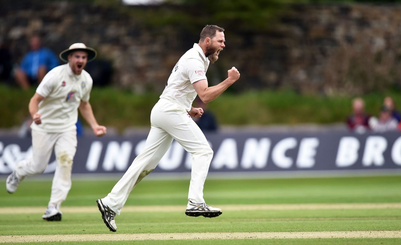 Nathan Rimmington celebrates a wicket, Lancashire v Durham,  County Championship: Division Two, Sedbergh, June 30, 2019