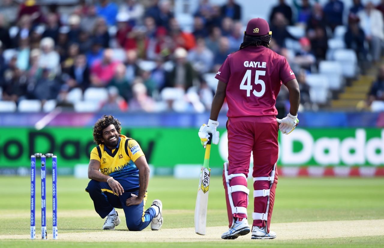 Lasith Malinga shares a laugh with Chris Gayle, Sri Lanka v West Indies, World Cup 2019, Chester-le-Street, July 1, 2019