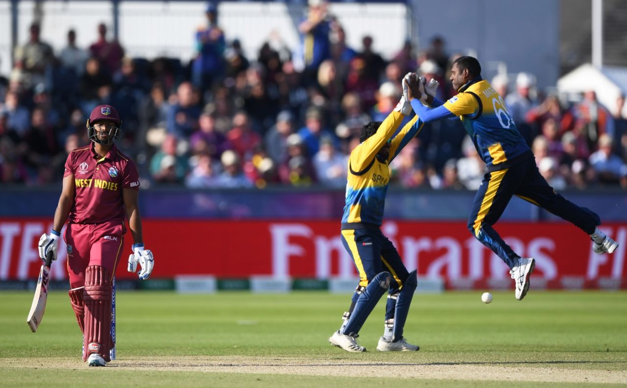 Angelo Mathews dismissed Nicholas Pooran off his first delivery to seal the match for Sri Lanka, Sri Lanka v West Indies, World Cup 2019, Chester-le-Street, July 1, 2019