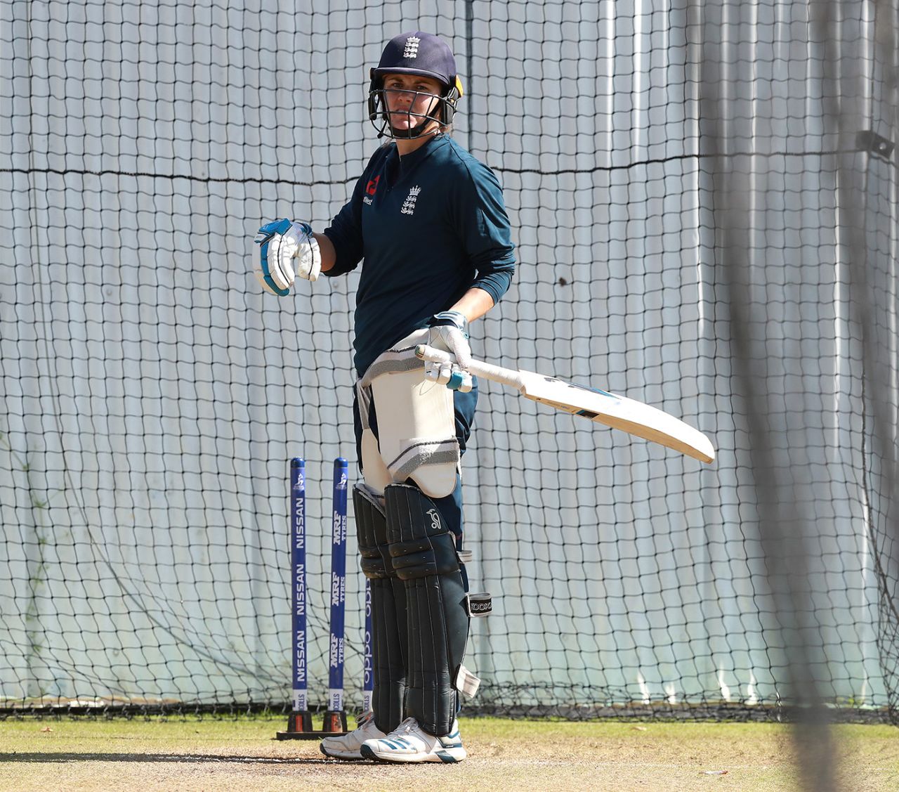 Nat Sciver bats in the nets, Grace Road, July 1, 2019