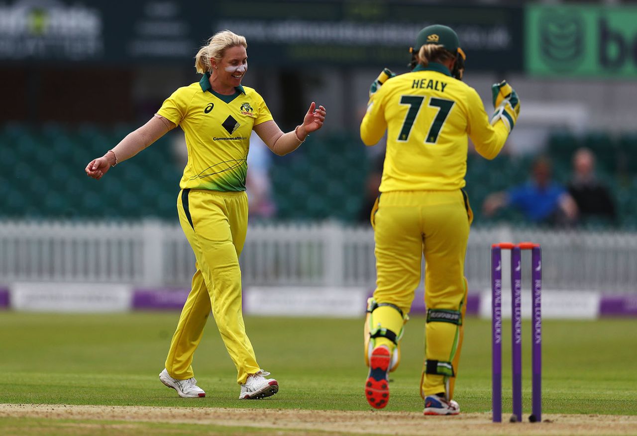 Delissa Kimmince of Australia celebrates the wicket of England's Katherine Brunt, England v Australia, 1st ODI, Leicester, July 02, 2019