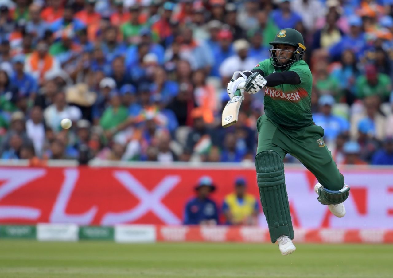 Shakib Al Hasan leaps into the air to play a shot, Bangladesh v India, World Cup 2019, Edgbaston, July 2, 2019
