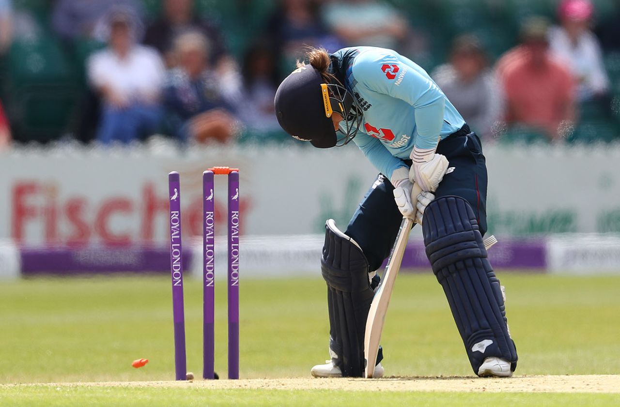 Tammy Beaumont of England after being bowled by Ellyse Perry of Australia , England v Australia, 1st ODI, Leicester, July 02, 2019