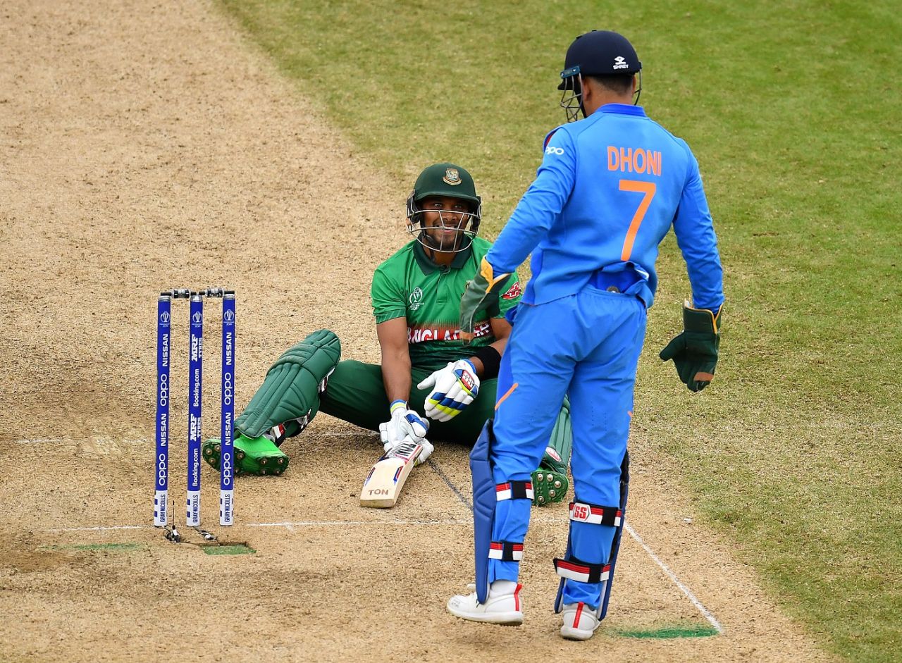 Sabbir Rahman slips, but can see the lighter side of the moment along with MS Dhoni, Bangladesh v India, World Cup 2019, Edgbaston, July 2, 2019