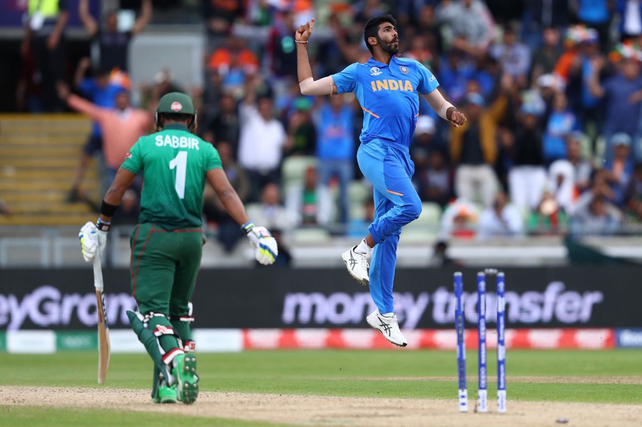 Jasprit Bumrah leaps for joy after taking Sabbir Rahman's wicket, Bangladesh v India, World Cup 2019, Edgbaston, July 2, 2019