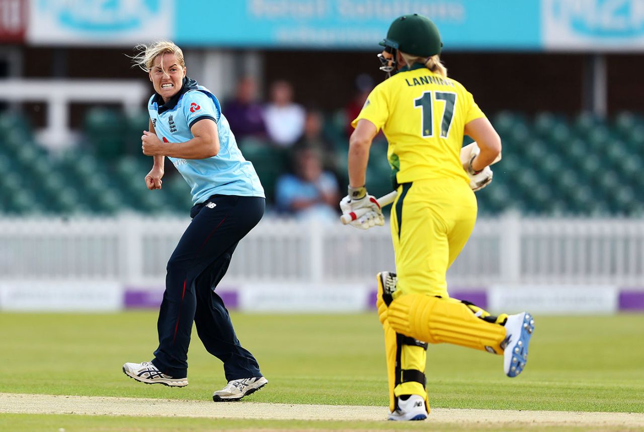 Katherine Brunt of England celebrates bowling Meg Lanning, England v Australia, 1st ODI, Leicester, July 02, 2019