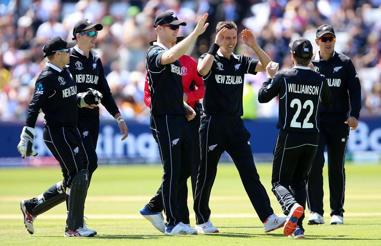 New Zealand celebrate after Trent Boult gets Jos Buttler out caught by Kane Williamson, World Cup 2019, Chester-le-Street, July 3, 2019