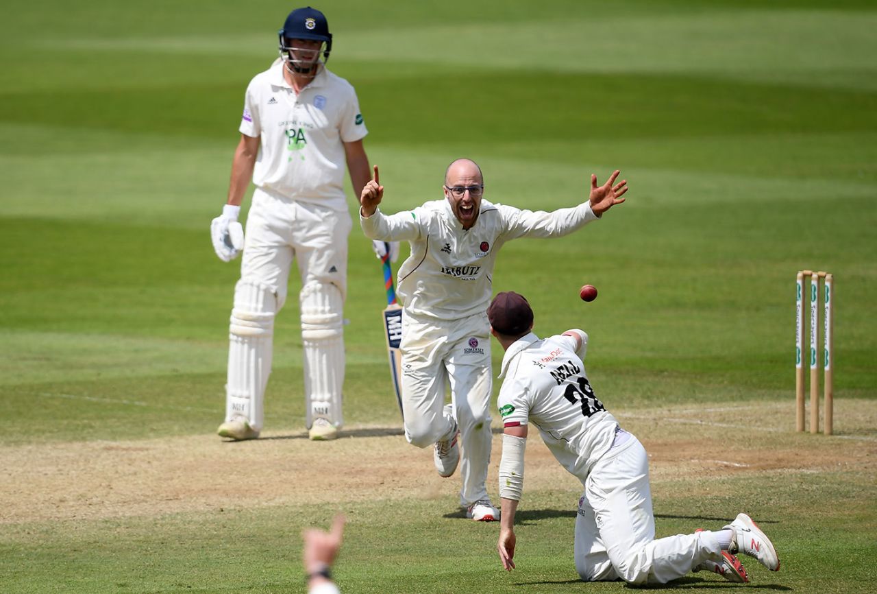 Jack Leach celebrates another wicket for Somerset, Somerset v Hampshire, County Championship, July 2, 2019
