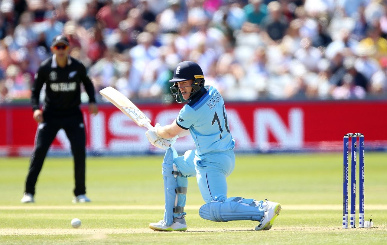 Eoin Morgan plays a shot, England v New Zealand, World Cup 2019, Chester-le-Street, July 3, 2019