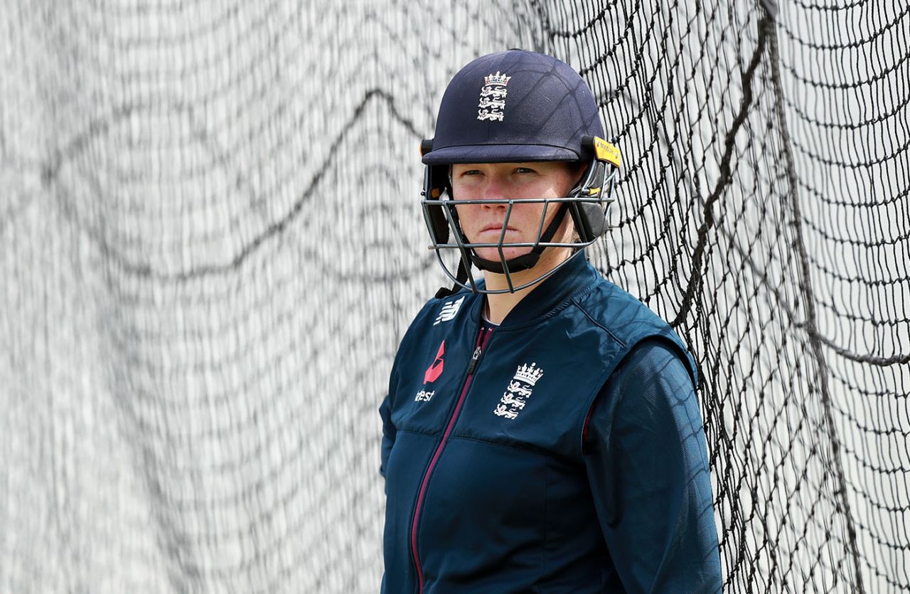 Anya Shrubsole looks on during the England nets practice at Fischer County Ground, Leicester, July 01, 2019
