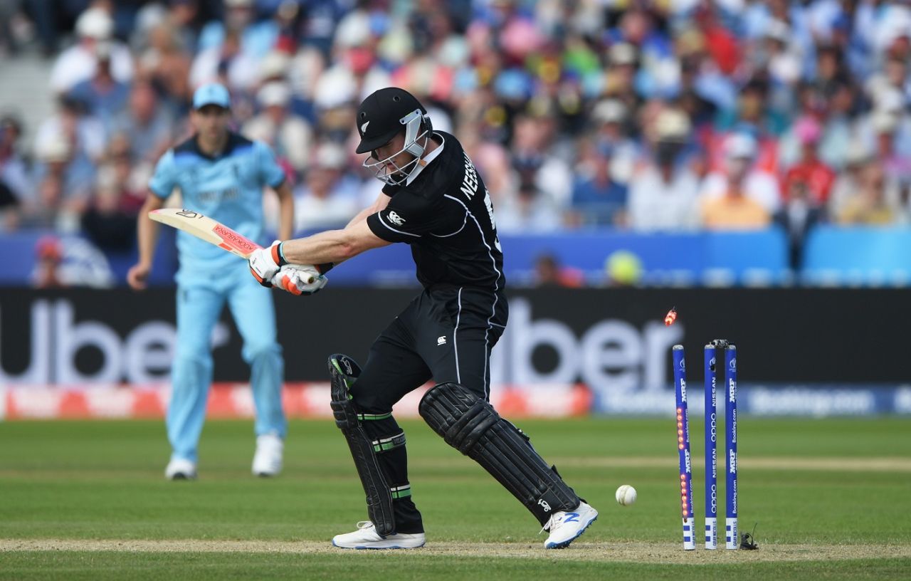 Jimmy Neesham is bowled by Mark Wood, England v New Zealand, World Cup 2019, Chester-le-Street, July 3, 2019