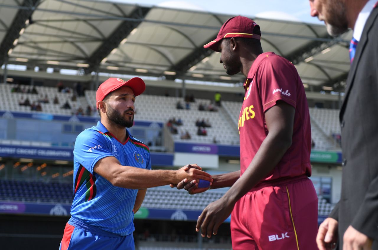Gulbadin Naib and Jason Holder at the toss, Afghanistan v West Indies, World Cup 2019, Headingley, July 4, 2019