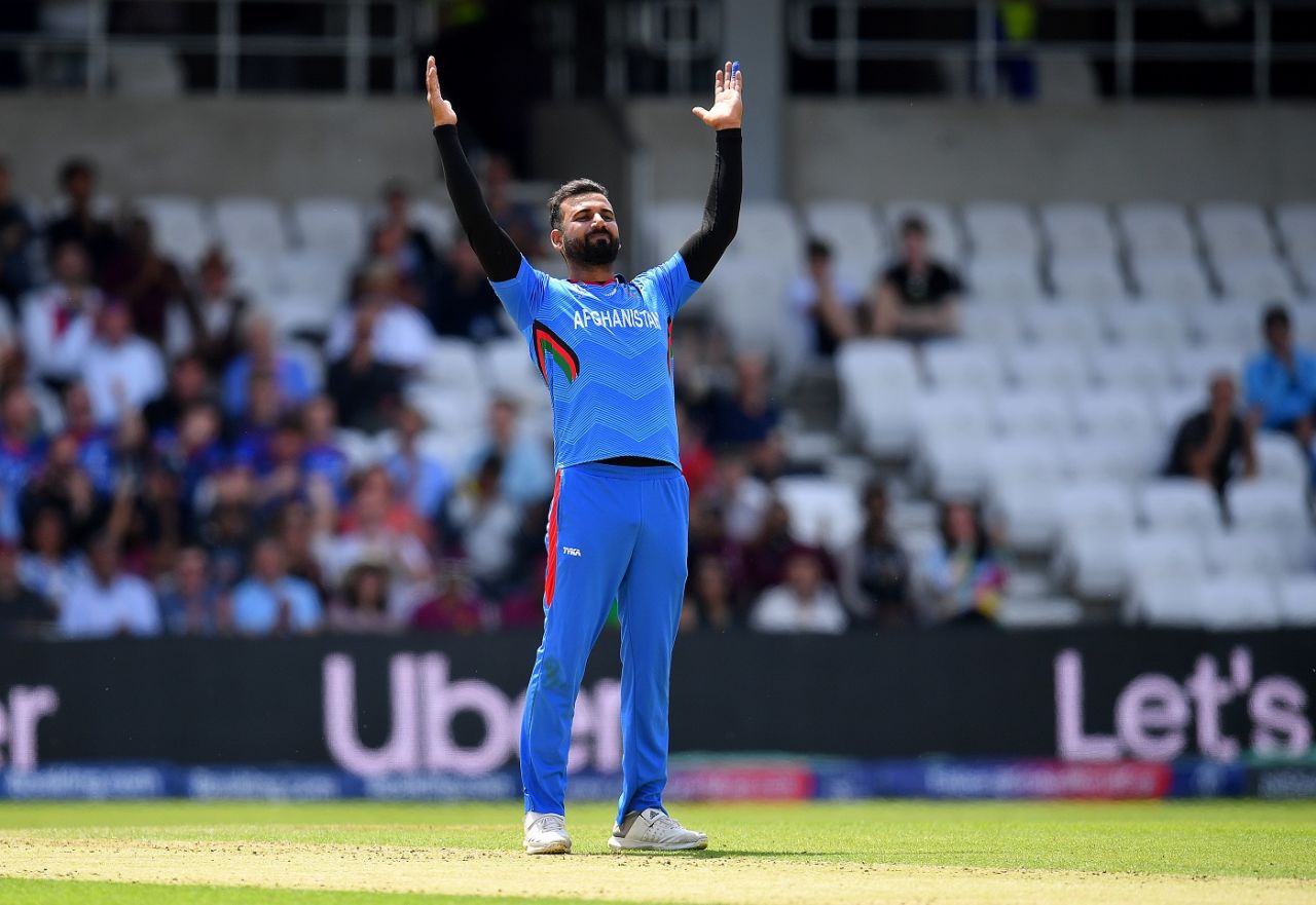 Dawlat Zadran celebrates the wicket of Shimron Hetmyer, Afghanistan v West Indies. World Cup 2019, Headingley, July 4, 2019