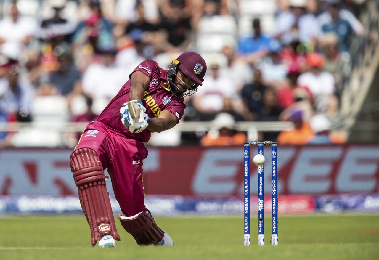 Nicholas Pooran hits out as he looks to accelerate towards the end, Afghanistan v West Indies. World Cup 2019, Headingley, July 4, 2019