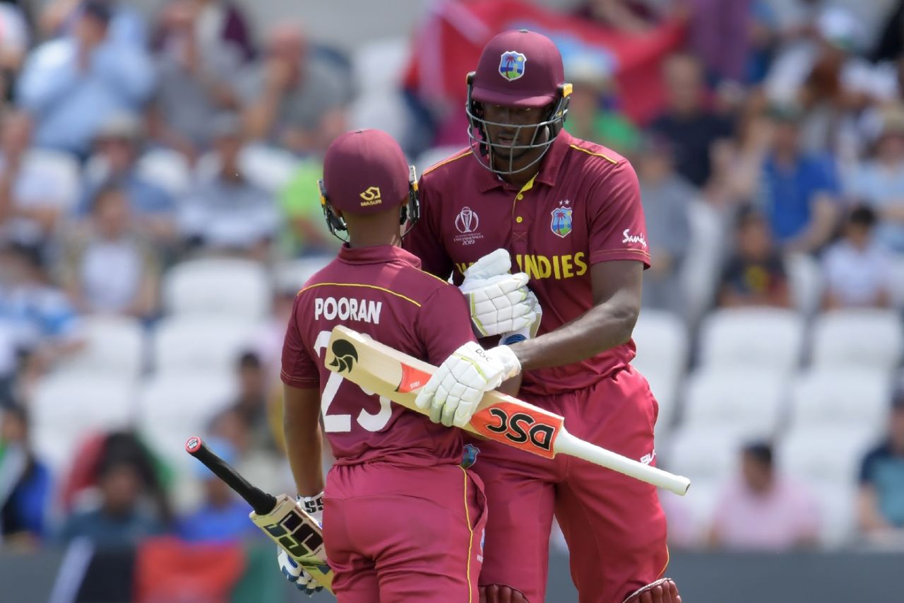 Nicholas Pooran and Jason Holder put on a century stand toward the end, Afghanistan v West Indies. World Cup 2019, Headingley, July 4, 2019