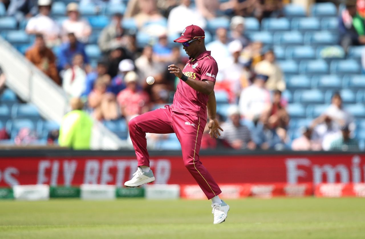 Evin Lewis celebrates after taking the catch to dismiss Gulbadin Naib, Afghanistan v West Indies. World Cup 2019, Headingley, July 4, 2019