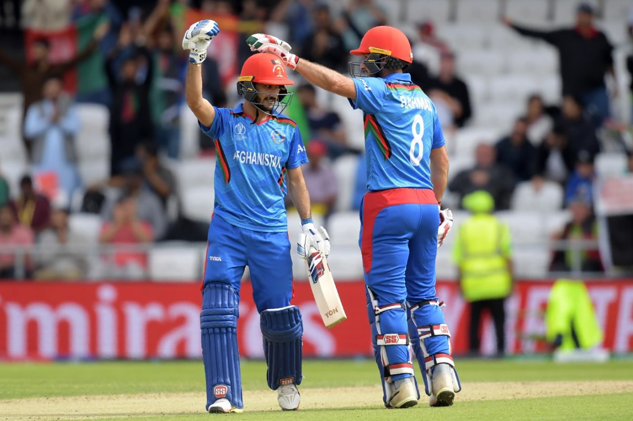 Rahmat Shah (R) congratulates young Ikram Alikhil on his fifty, Afghanistan v West Indies. World Cup 2019, Headingley, July 4, 2019