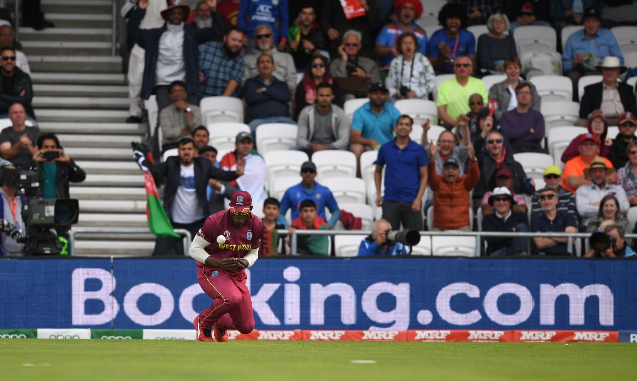 Sheldon Cottrell drops a sitter from Rahmat Shah, Afghanistan v West Indies. World Cup 2019, Headingley, July 4, 2019