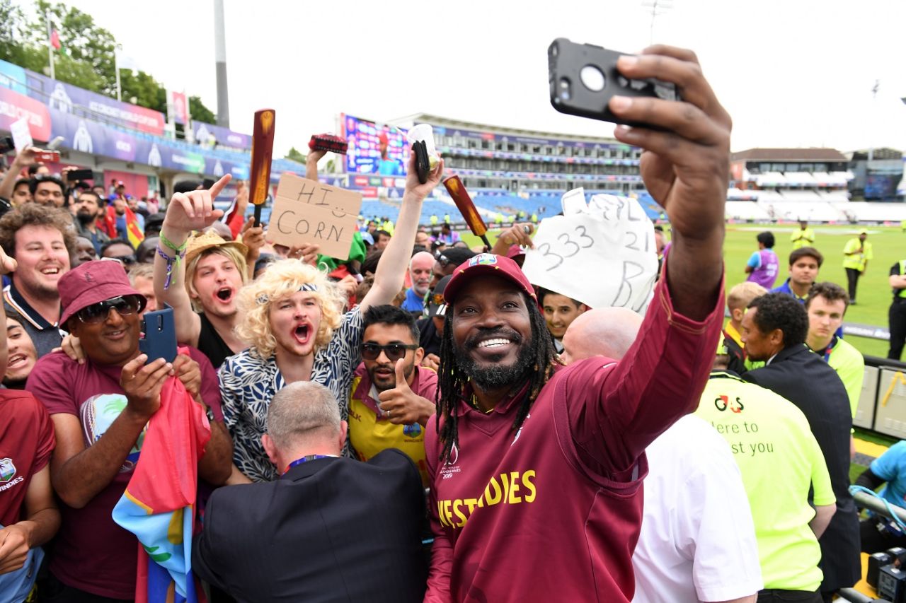 Chris Gayle takes a selfie with fans after the game, Afghanistan v West Indies. World Cup 2019, Headingley, July 4, 2019