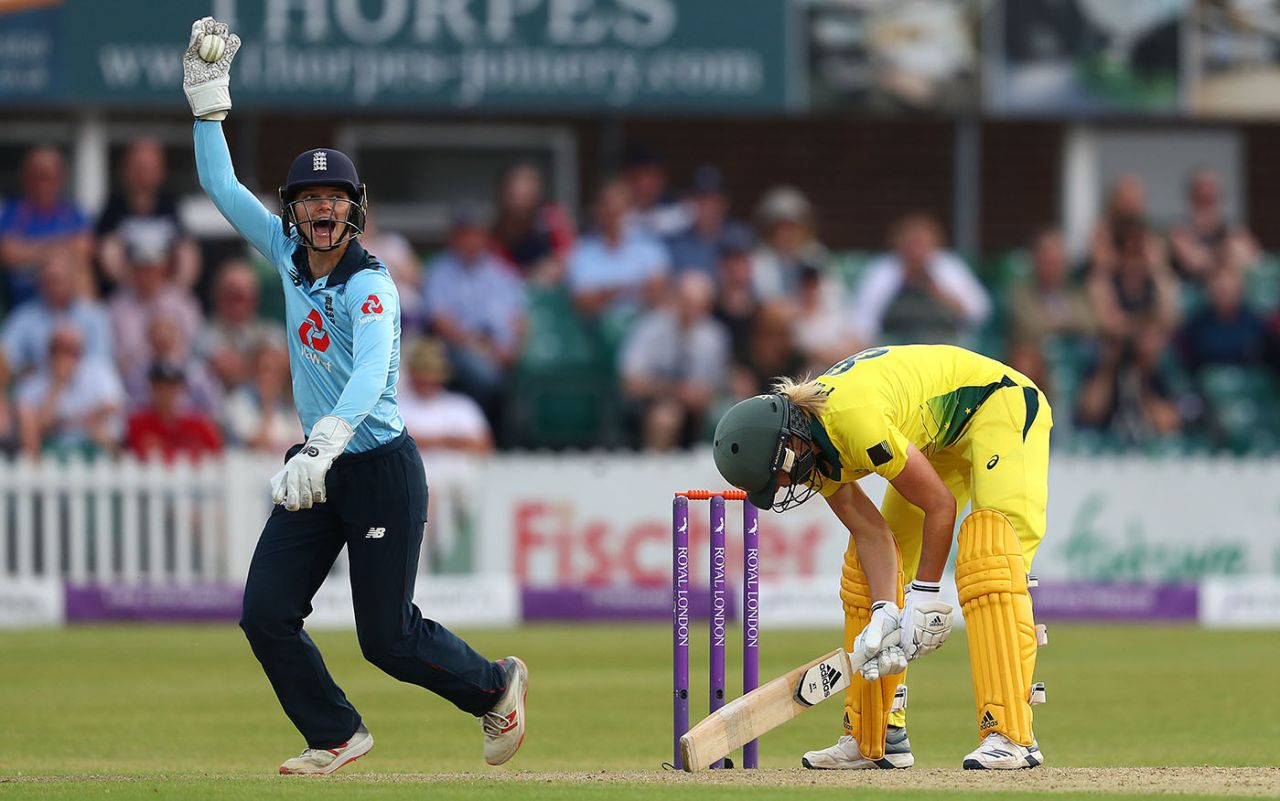 Amy Jones celebrates catching Ellyse Perry off the bowling of Anya Shrubsole, England v Australia, 2nd ODI, Leicester, July 04, 2019