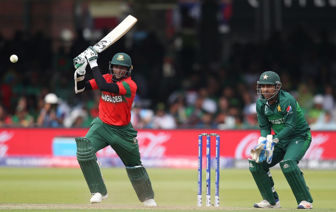 Shakib Al Hasan plays one through the offside on course to yet another fifty, Bangladesh v Pakistan, World Cup 2019, Lord's, July 5, 2019