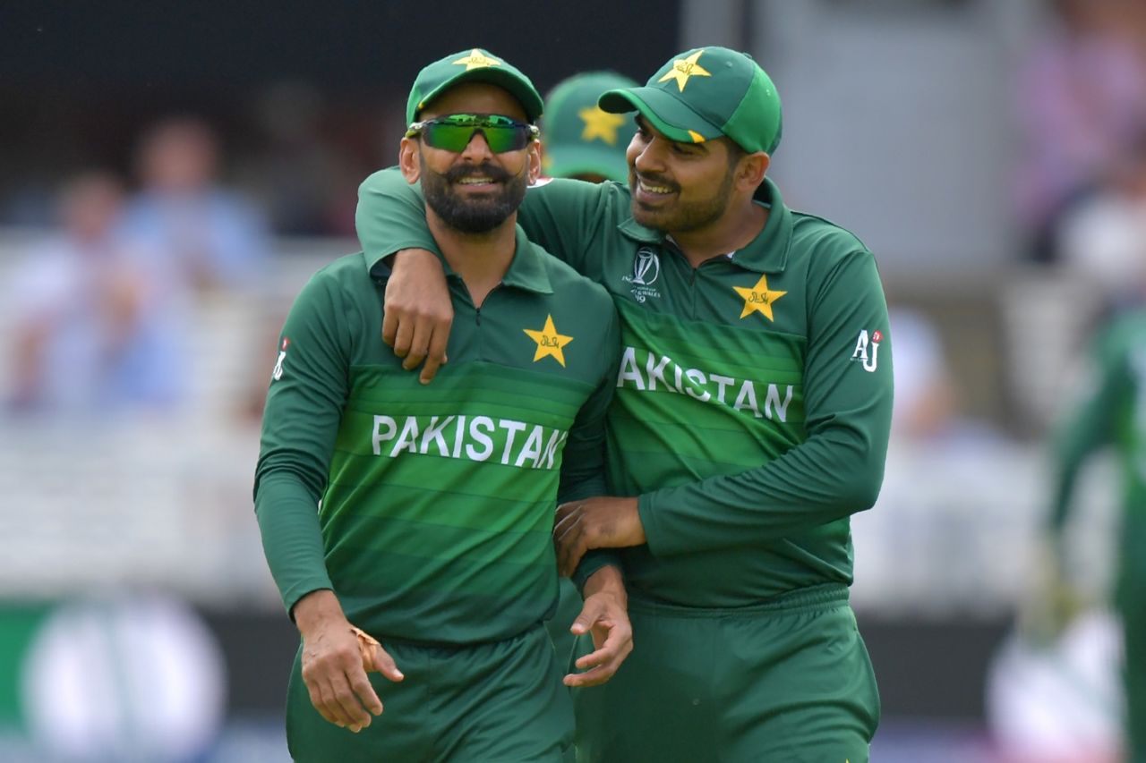 Mohammad Hafeez (L) and Haris Sohail share a light moment, Bangladesh v Pakistan, World Cup 2019, Lord's, July 5, 2019