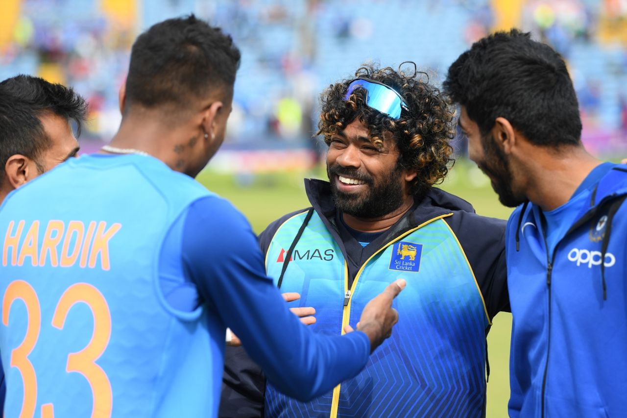 Lasith Malinga chats with Hardik Pandya and Jasprit Bumrah before the start of play, India v Sri Lanka, World Cup 2019, Leeds, July 6, 2019