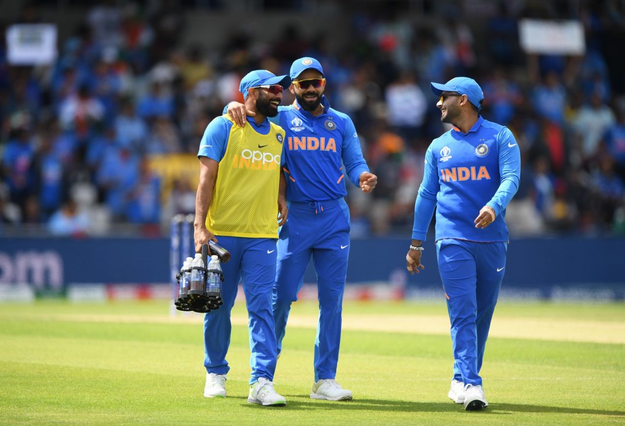 Virat Kohli and Mohammed Shami share a joke, India v Sri Lanka, World Cup 2019, Leeds, July 6, 2019