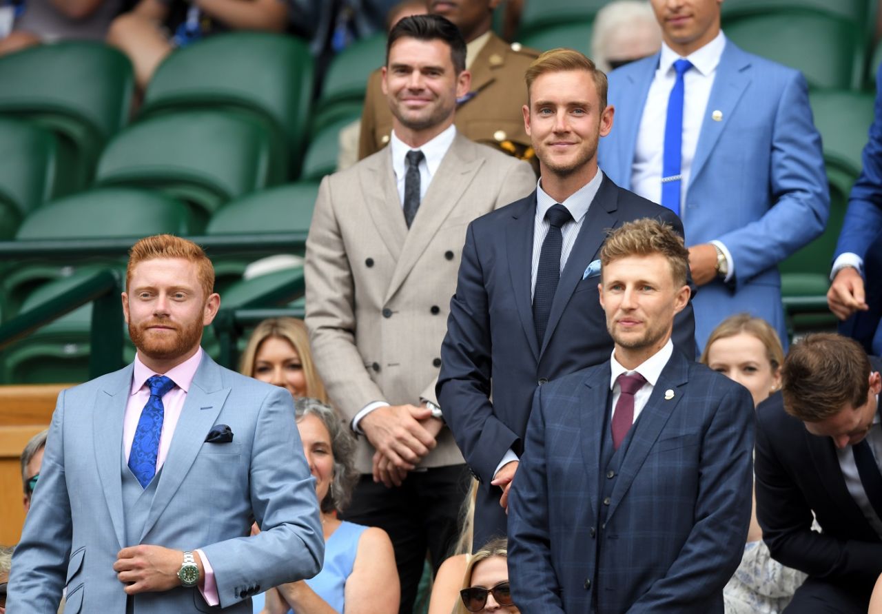 Jonny Bairstow, James Anderson, Stuart Broad and Joe Root attend day six of the Wimbledon, London, July 06, 2019