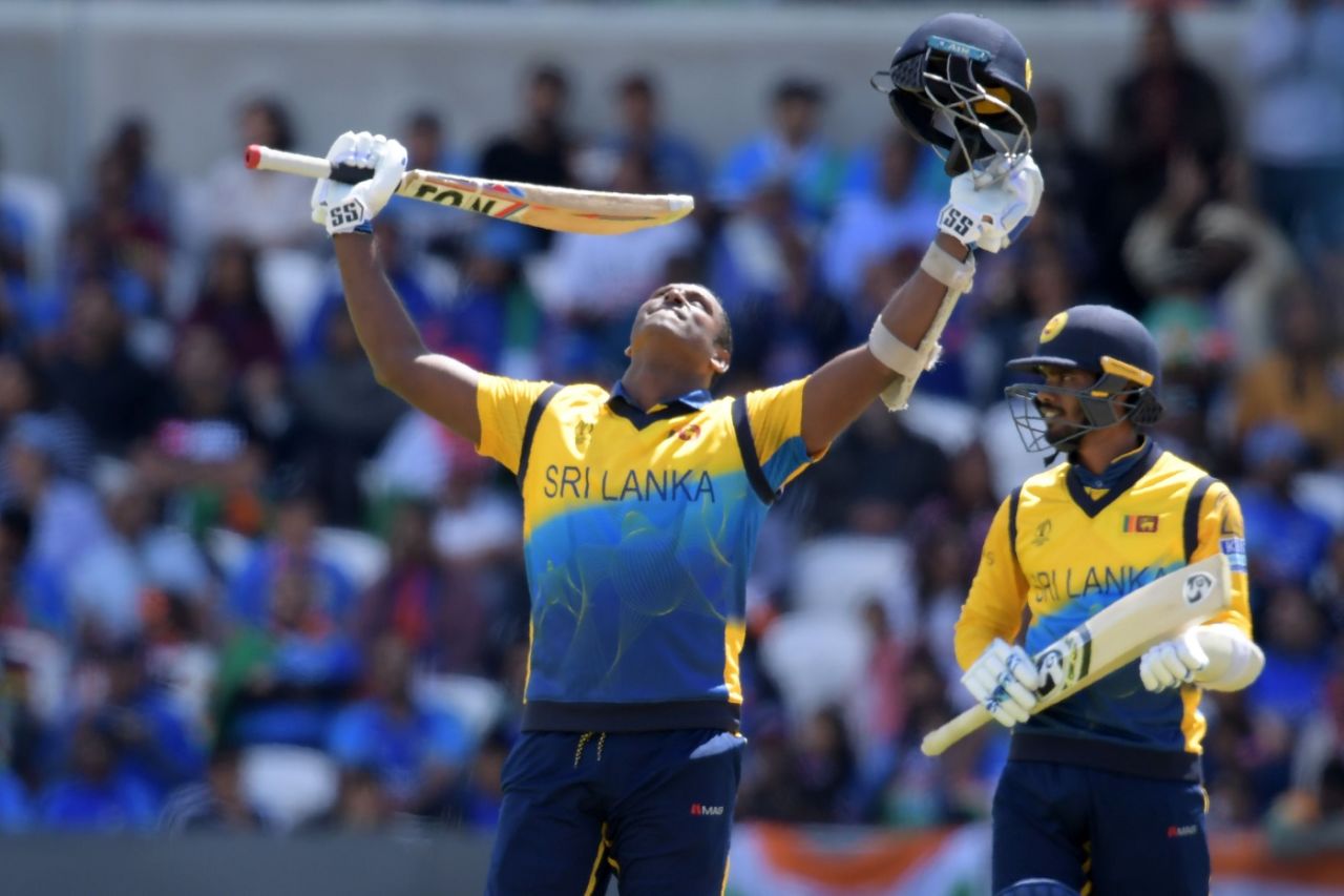 Angelo Mathews celebrates after scoring a century, India v Sri Lanka, World Cup 2019, Leeds, July 6, 2019