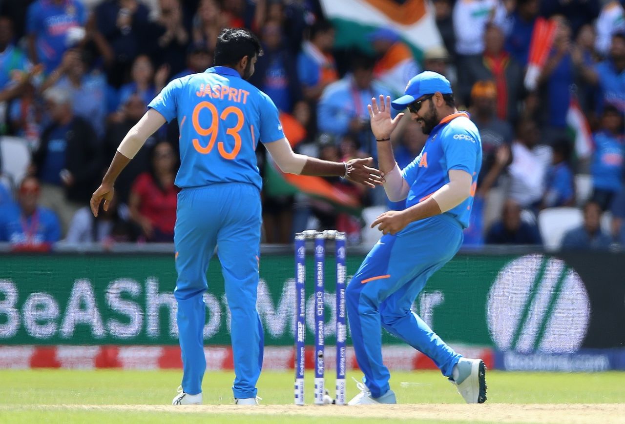 Rohit Sharma and Jasprit Bumrah celebrate the dismissal of Angelo Mathews, India v Sri Lanka, World Cup 2019, Leeds, July 6, 2019