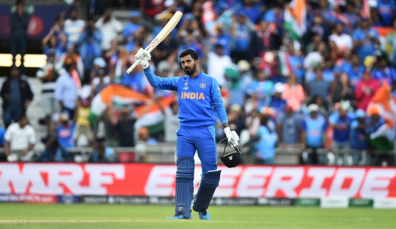 KL Rahul celebrates his hundred, India v Sri Lanka, World Cup 2019, Leeds, July 6, 2019