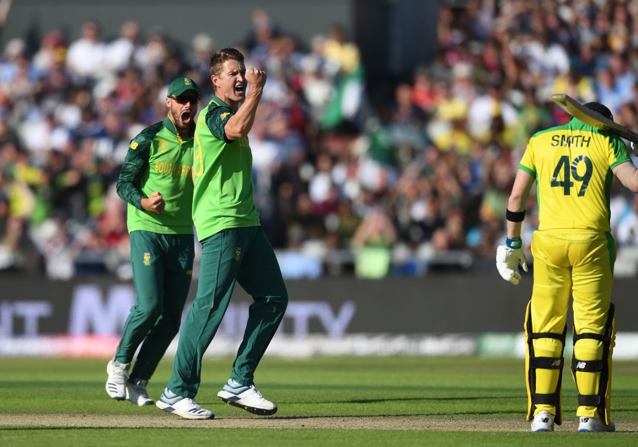 Dwaine Pretorius celebrates trapping Steve Smith LBW, Australia v South Africa, World Cup 2019, Old Trafford, July 6, 2019
