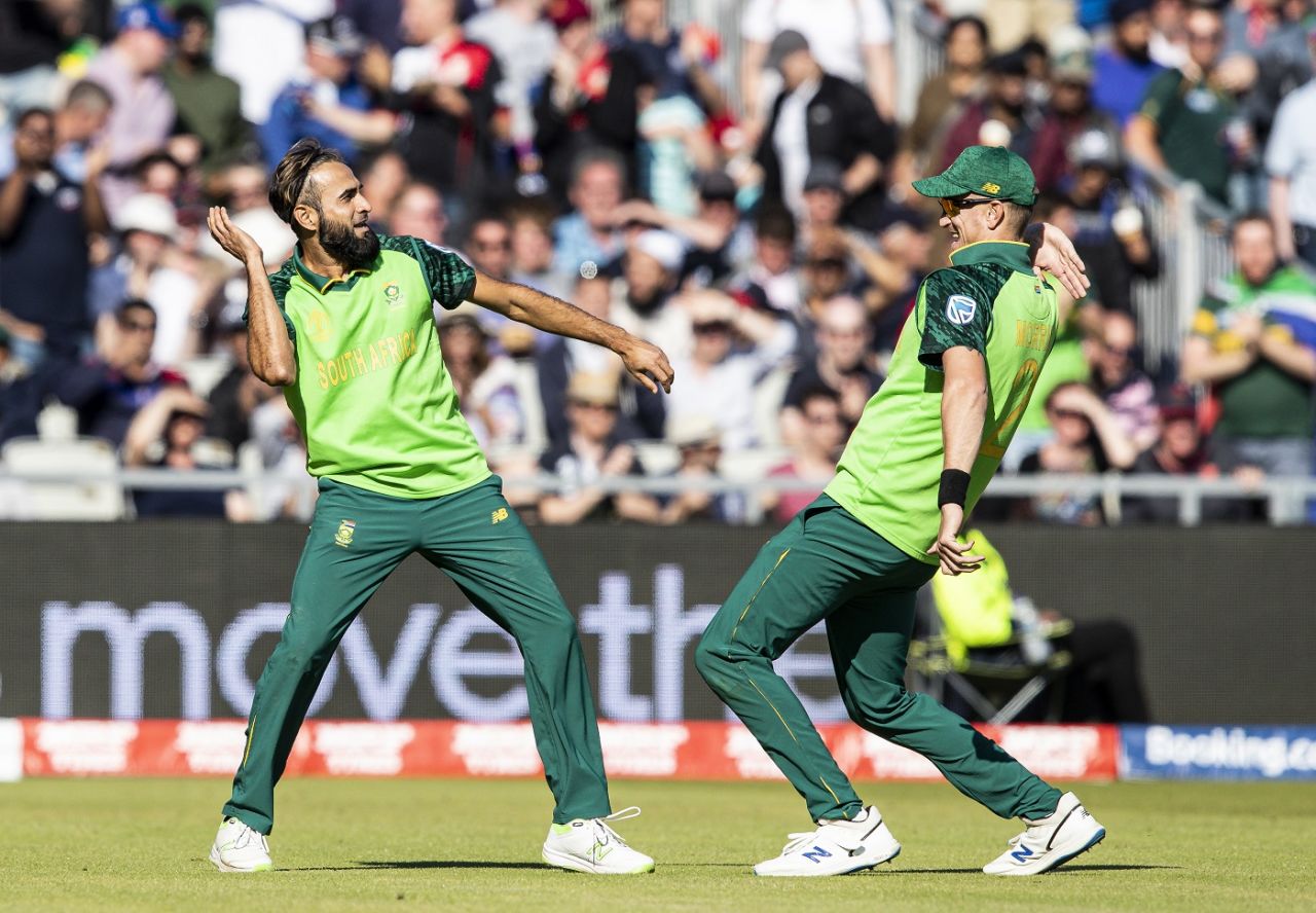 Imran Tahir and Chris Morris celebrate the wicket of Aaron Finch, Australia v South Africa, World Cup 2019, Old Trafford, July 6, 2019