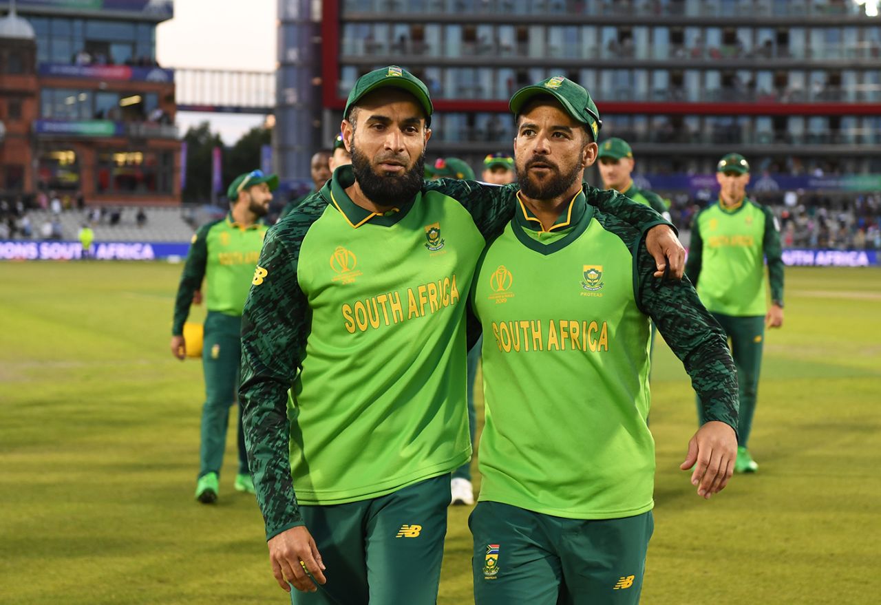 Imran Tahir and JP Duminy leave the field arm-in-arm after their final ODIs, Australia v South Africa, World Cup 2019, Old Trafford, July 6, 2019