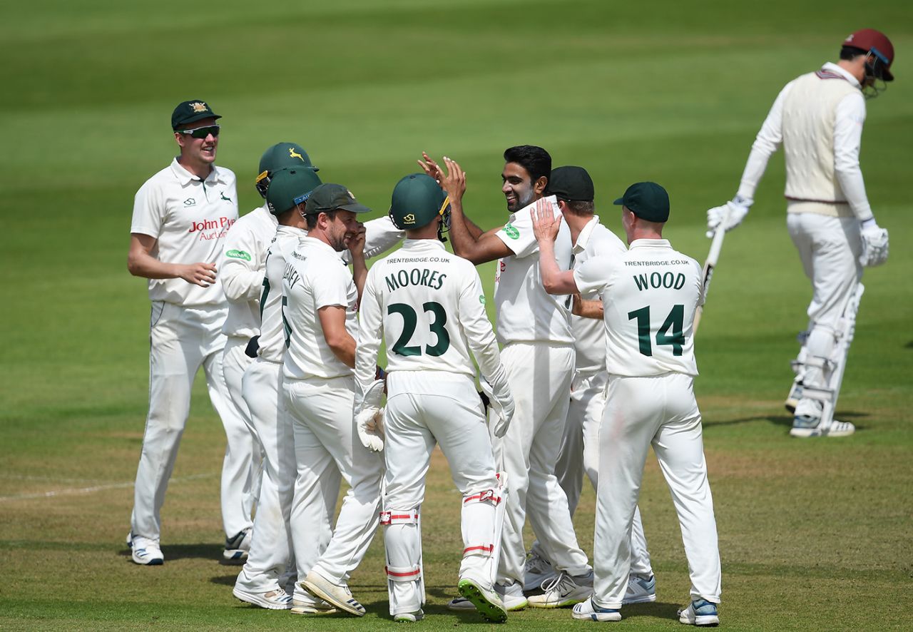 R Ashwin celebrates a wicket, Somerset v Nottinghamshire, County Championship, Taunton, 1st day, July 7, 2019