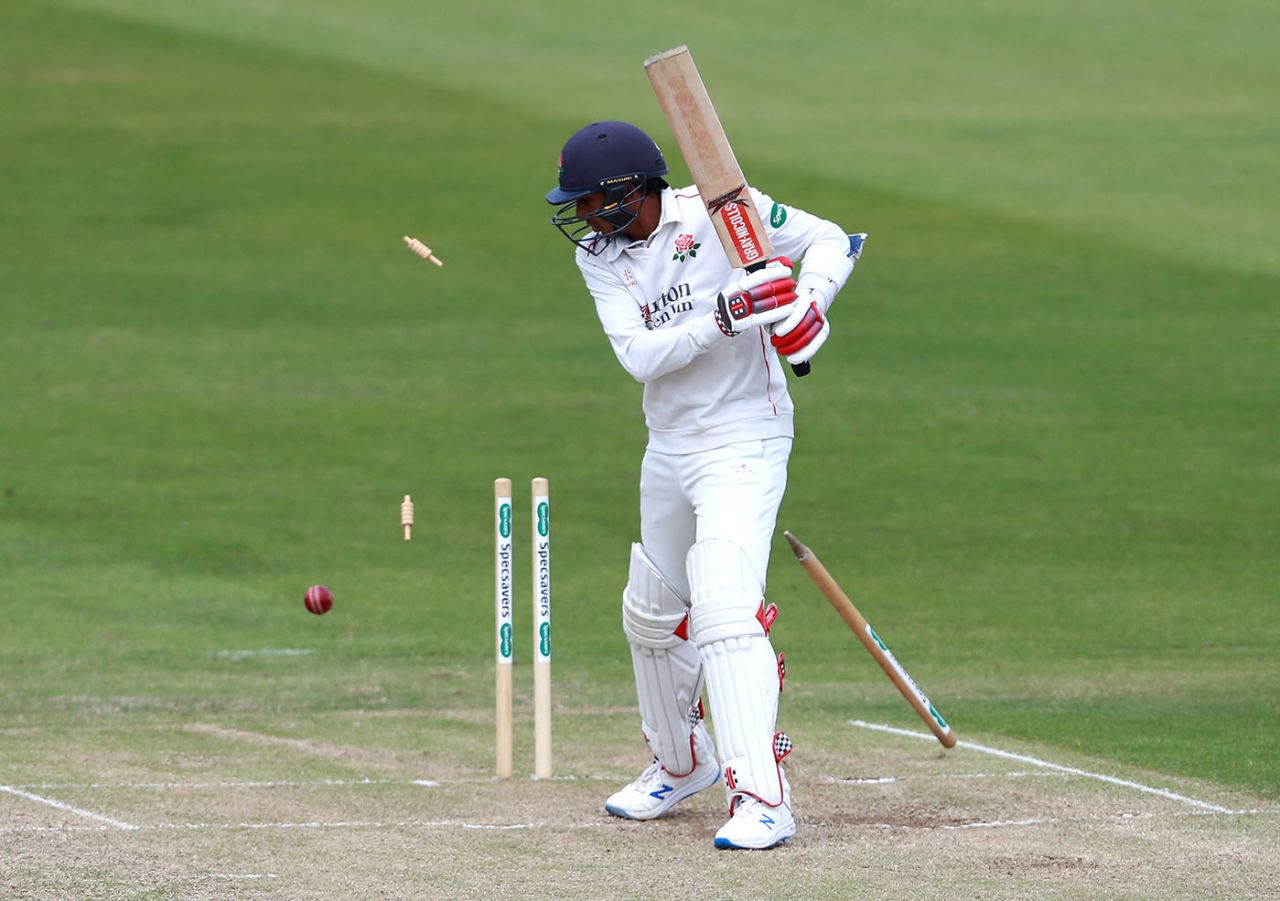 Haseeb Hameed had his stumps rearranged after chopping on, Northamptonshire v Lancashire, County Championship, 2nd day, July 8, 2019