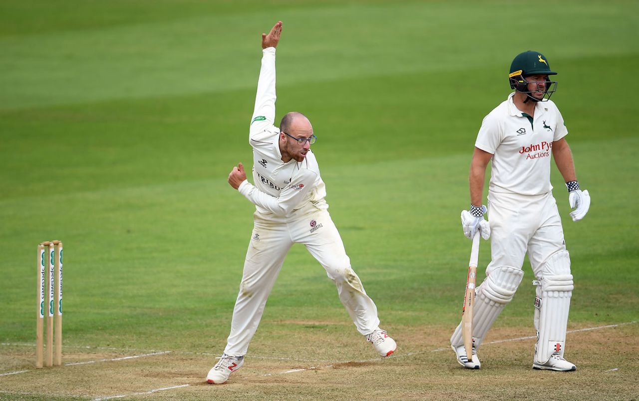 Jack Leach bowls from over the wicket, Somerset v Nottinghamshire, County Championship, 2nd day, July 8, 2019