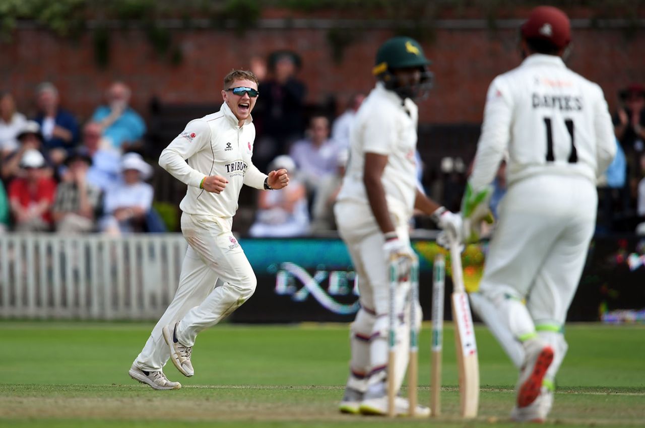 Dom Bess celebrates a wicket, Somerset v Nottinghamshire, County Championship, 2nd day, July 8, 2019